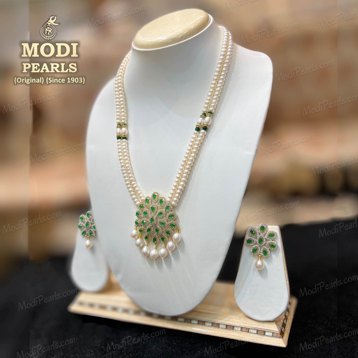 6 Line Real Freshwater Pearl & Green Oval Emerald Long Necklace with Gold  Plated Motif for