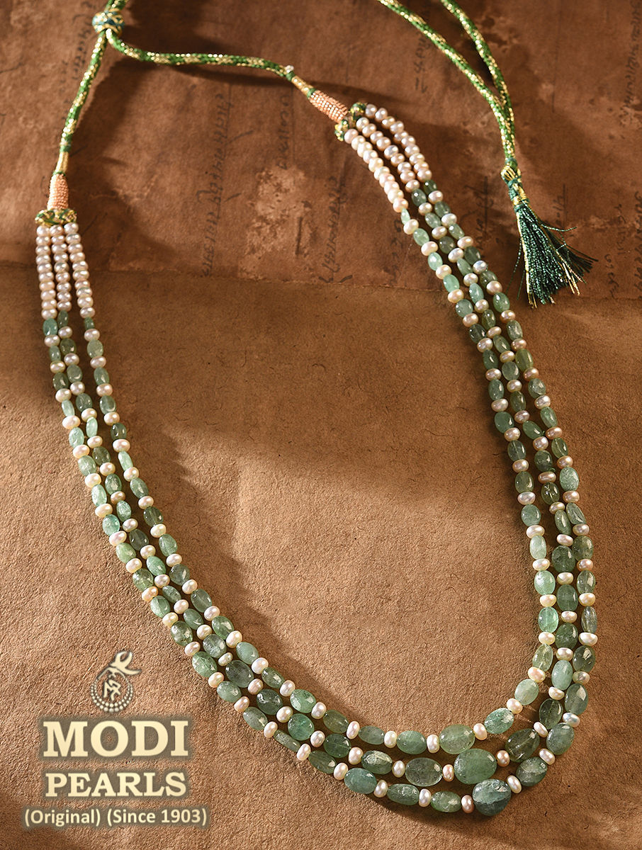 5 Lines Emerald and Pearl Necklace | Jagdamba Pearls