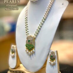 buy two row pearl pendant set with emerald