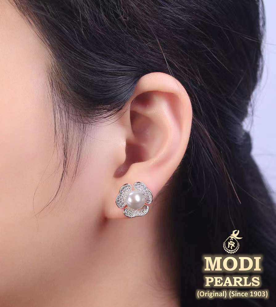 Mahi Rhodium Plated Classic White Artificial Pearl Stud Earrings for W